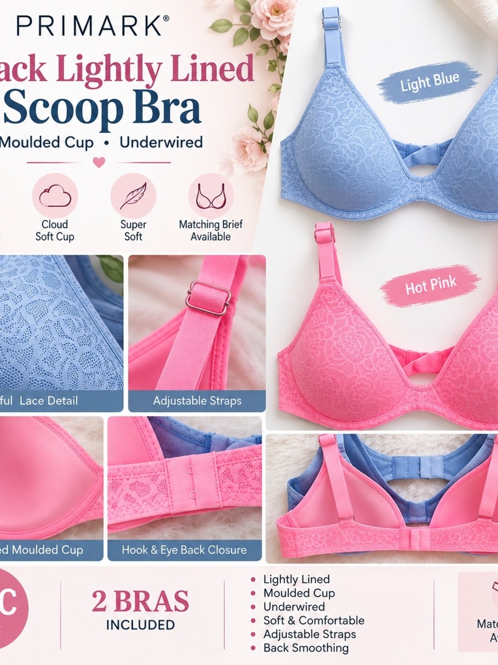 Primark Lace Scoop Bras – Light Blue & Hot Pink, 2-Pack